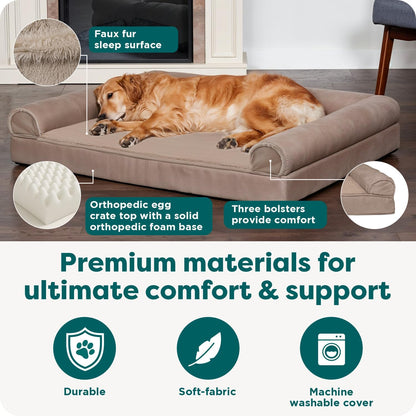 Orthopedic Dog Bed for Large Dogs W/ Removable Bolsters & Washable Cover, for Dogs up to 95 Lbs - Luxe Faux Fur & Performance Linen Sofa - Woodsmoke, Jumbo/Xl